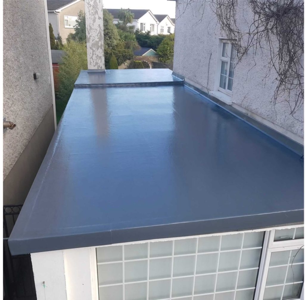 A finished fiberglass roof